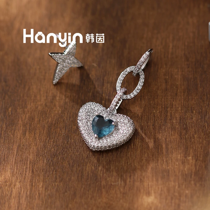 铜合金合成锆石耳饰 925银针满微镶立体深海蓝爱心不对称耳钉AAA