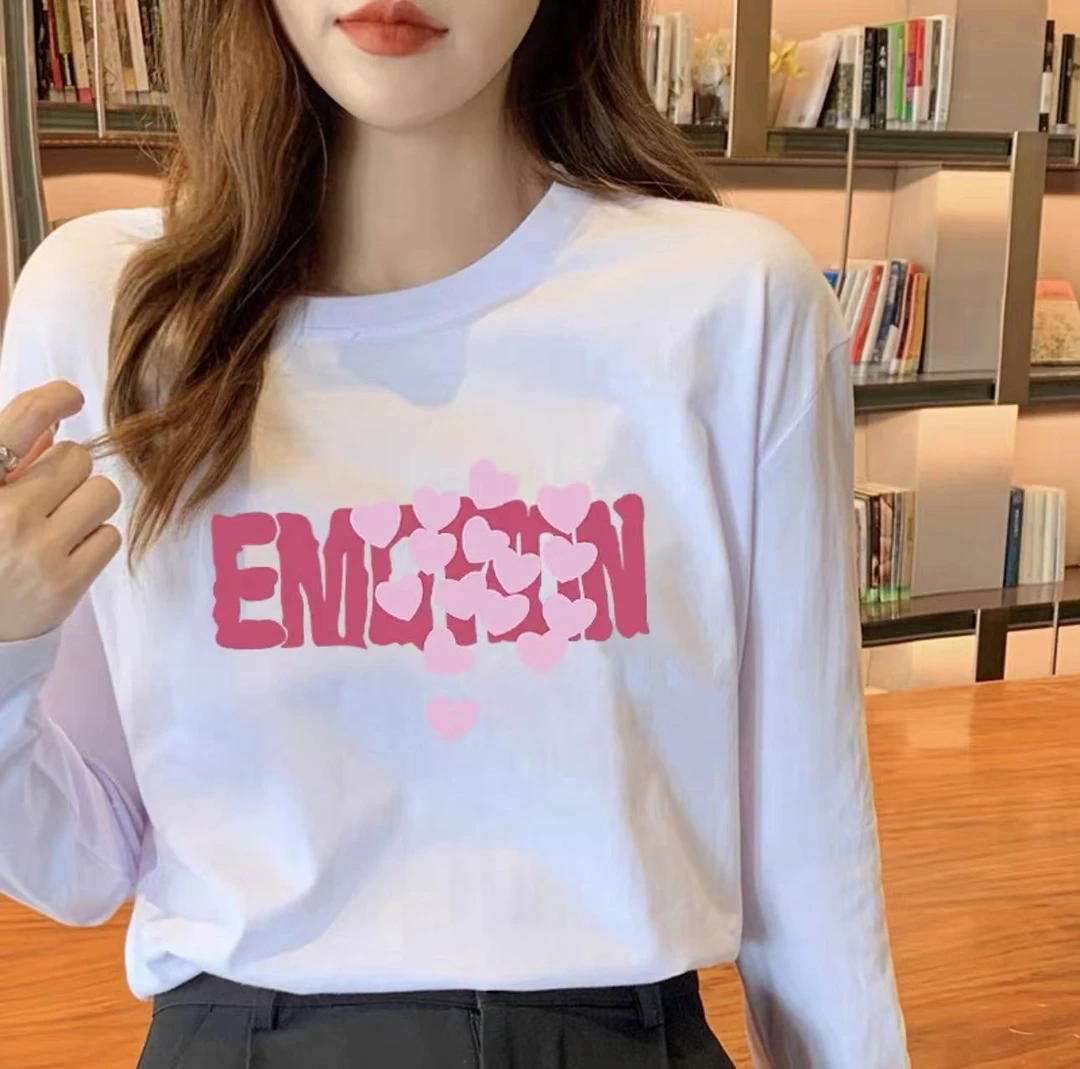 长袖秋衣男女休闲透气时尚百搭圆领印花T恤 小粉心