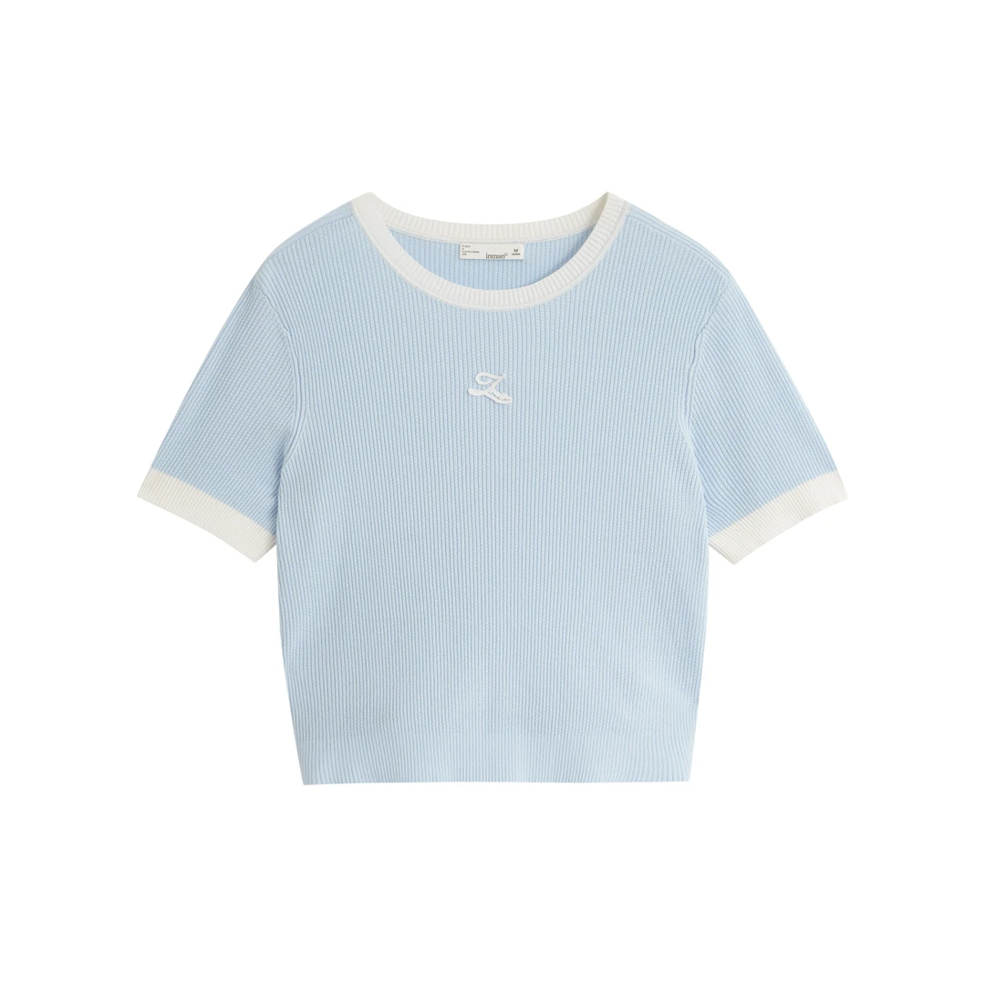 【欧若风】25夏季女新款法式条纹短袖针织衫圆领文艺T恤上衣