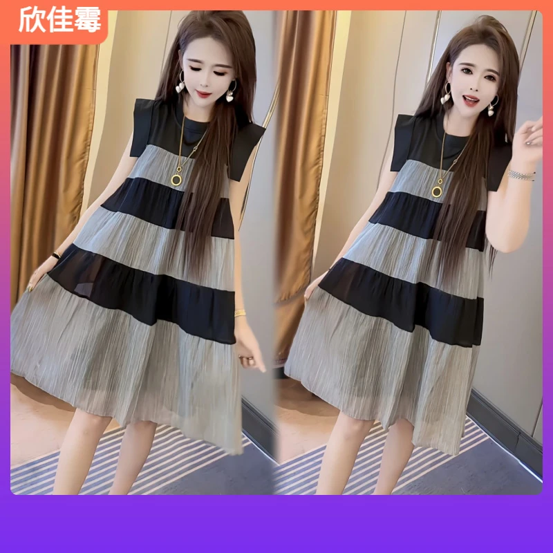 1夏季无袖连衣裙2025新款时尚韩版洋气条纹拼色显瘦中长蓬蓬裙I
