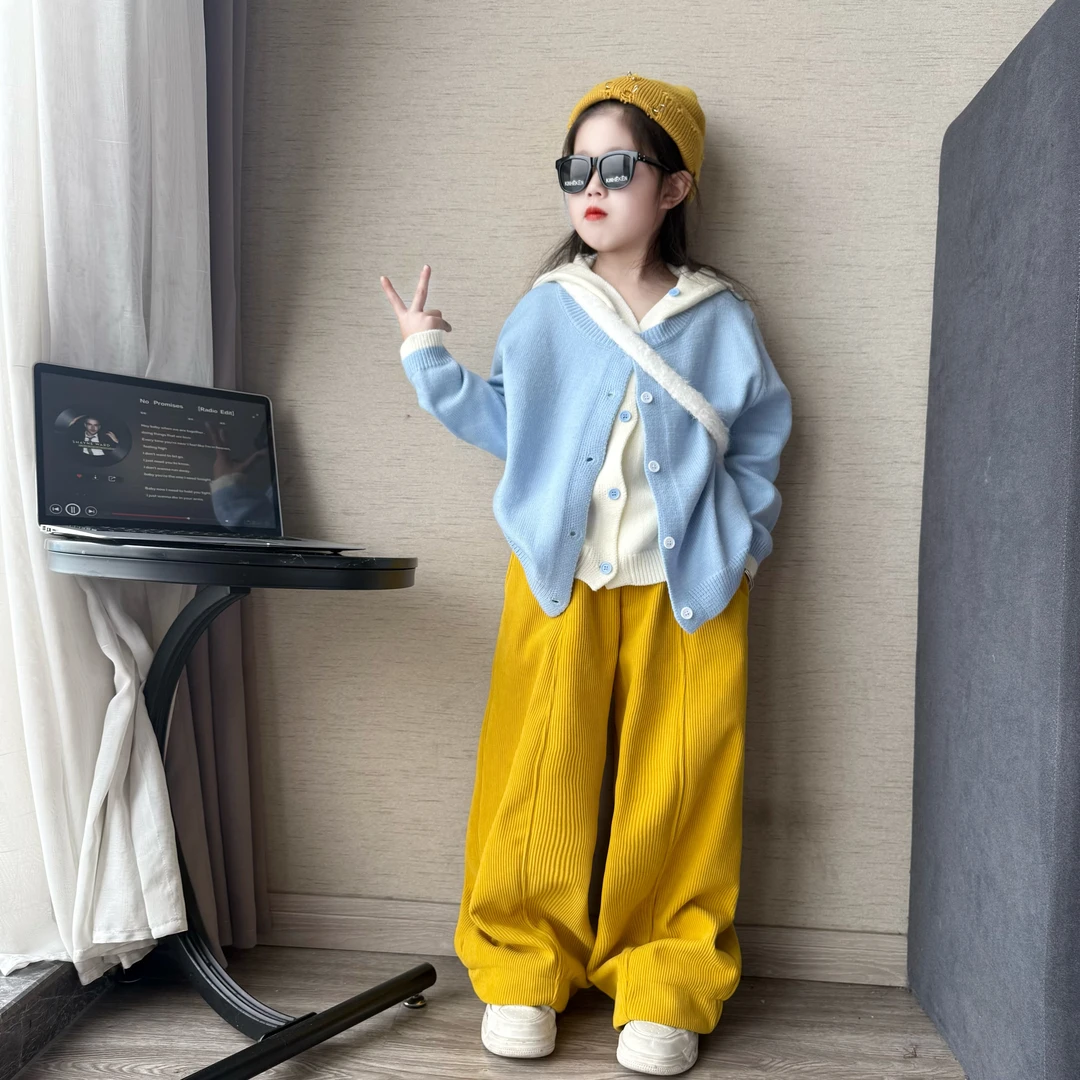 女童秋冬季韩版洋气假两件连帽针织毛衣套装女孩加绒条绒阔腿裤潮