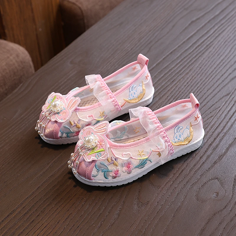 25夏季新款女童网面绣花鞋中国风儿童汉服鞋镂空网鞋女童古风凉鞋