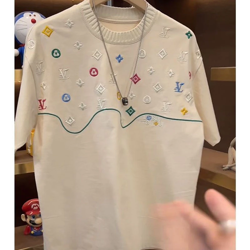 刺绣100%爆款纯棉T恤2025夏季新款圆领时尚潮流百搭短袖帅气高级