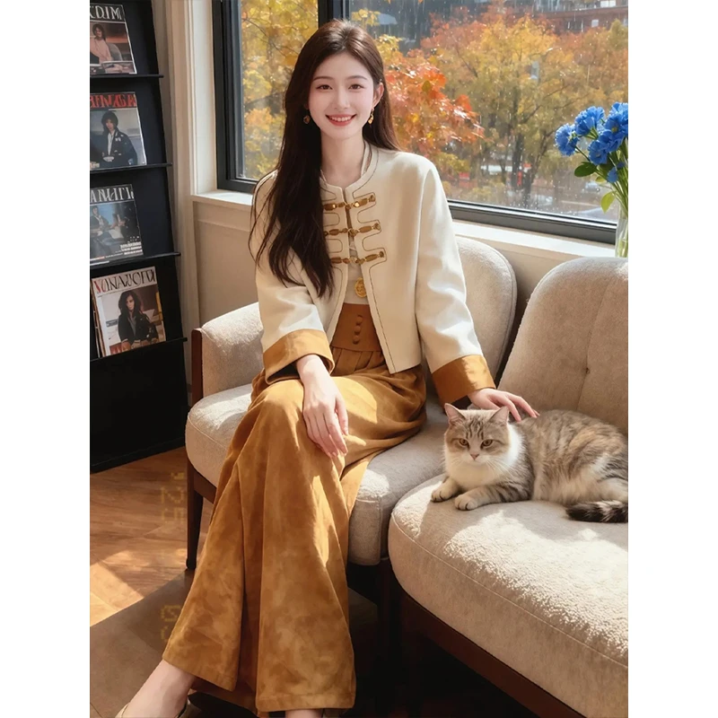 拉夏贝尔2025秋季新款新中式国风盘扣撞色两件套女超好看绝美上衣