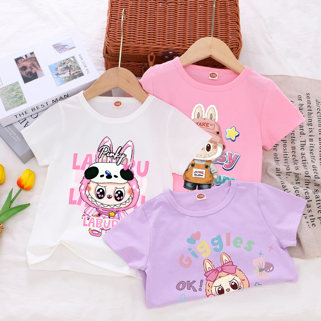 女童棉质短袖t恤夏季童装透气圆领T恤女童洋气卡通印花短袖上衣