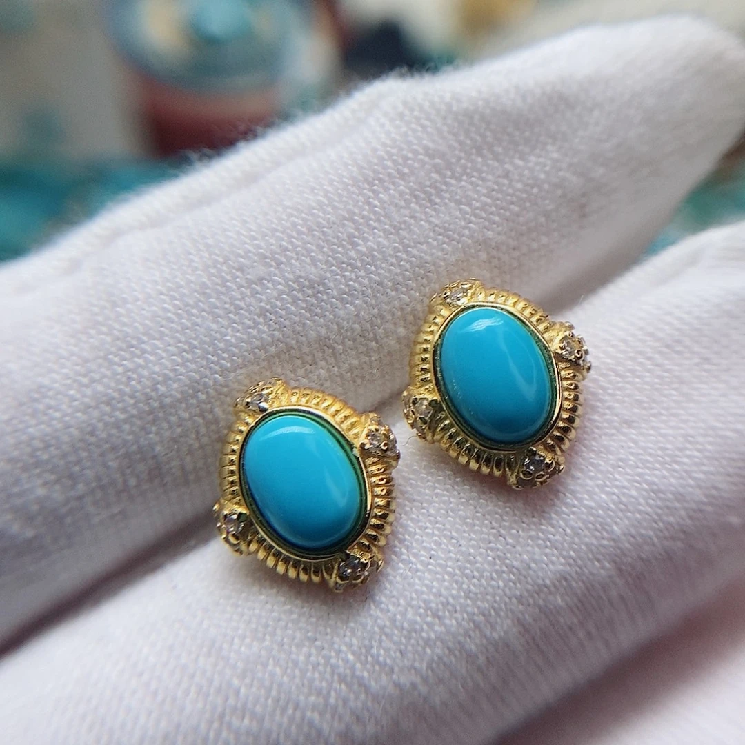 绿松石未镶嵌高瓷蓝精美耳钉