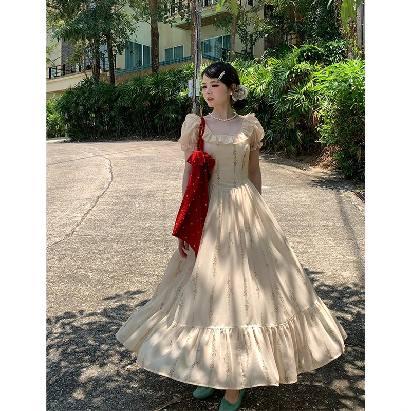 【温柔暮色】法式夏季新款泡泡袖碎花连衣裙女收腰气质长裙07008
