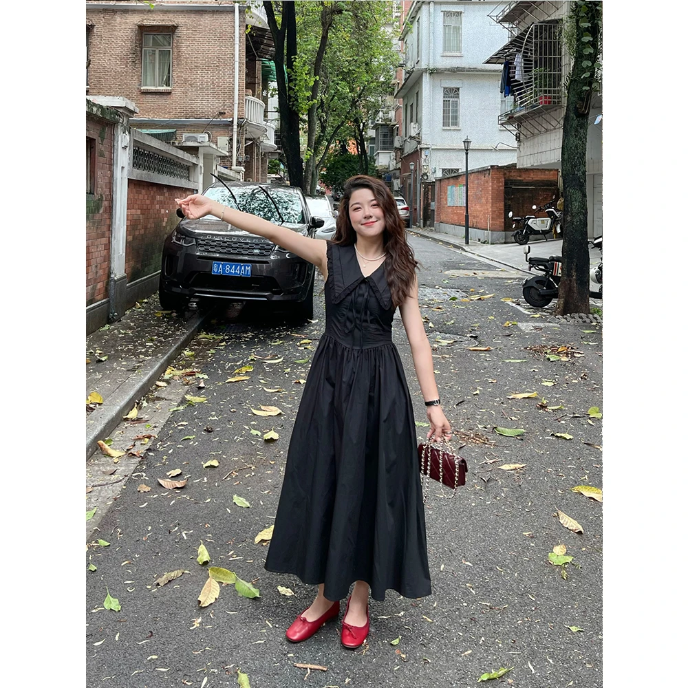 WenWen小个子翻领系带蝴蝶结无袖连衣裙V领收腰显瘦黑色长裙3987