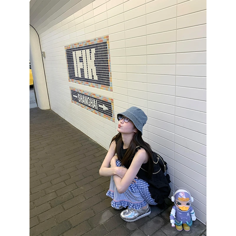 40569简约时尚黑色百搭背心上衣设计感高腰格子拼接阔腿裤女