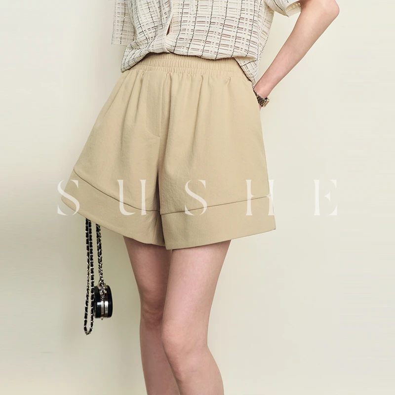 束皙SUSHE自在有型时髦松紧黑色宽边高腰A字大宽松短裤夏季五分