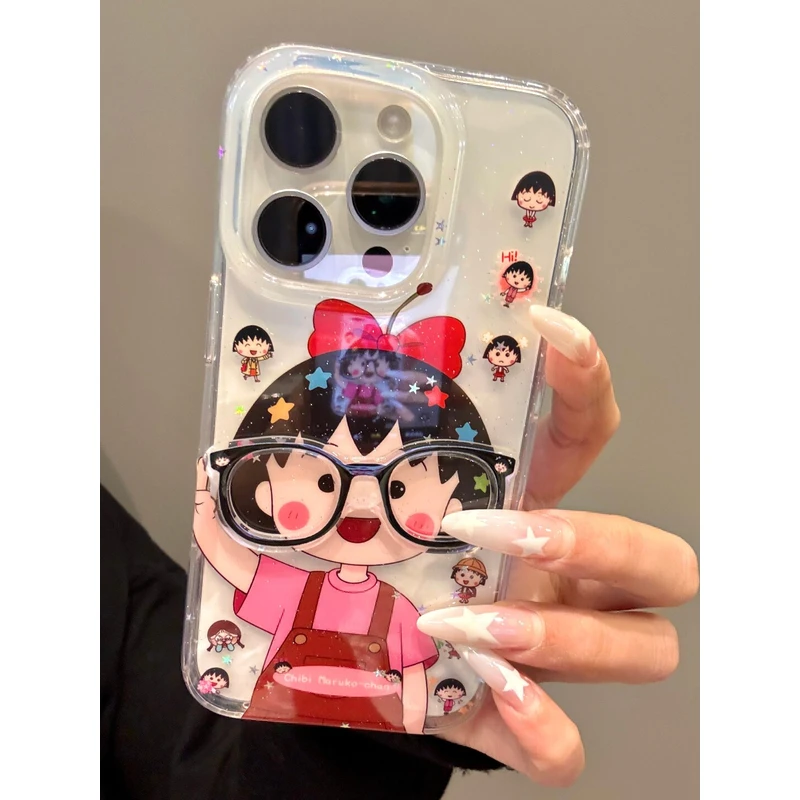 Q软萌带蝴蝶结立体眼镜小丸子适用iphone16promax苹果15手机壳14