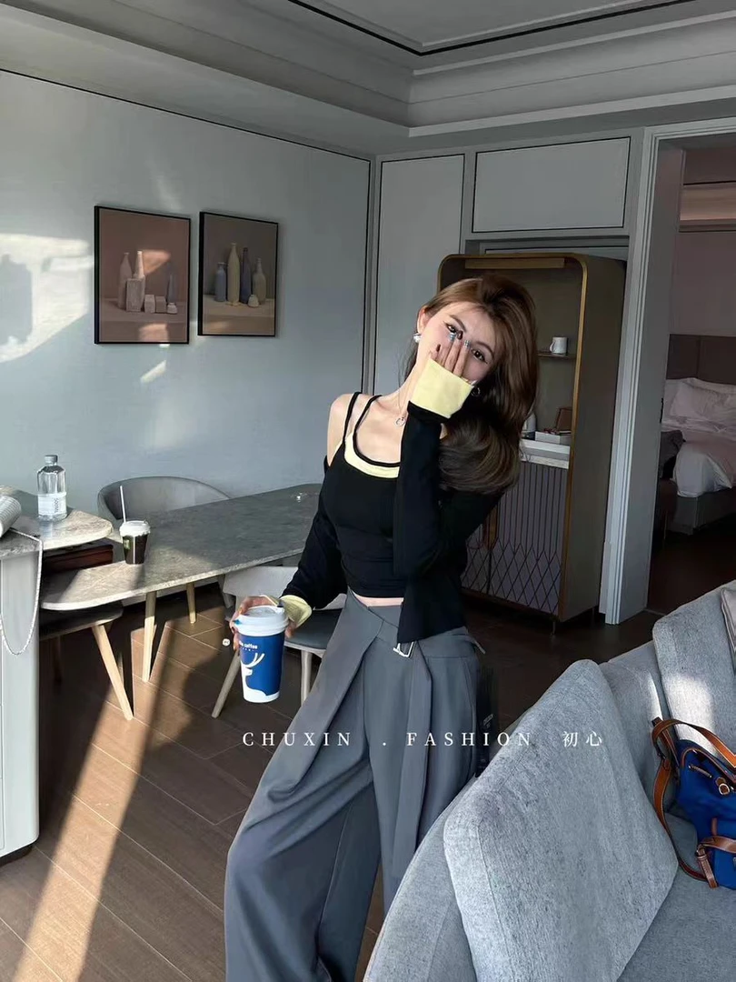 【胖丫丫】春季新款韩系两件拼接背心内搭撞色针织上衣