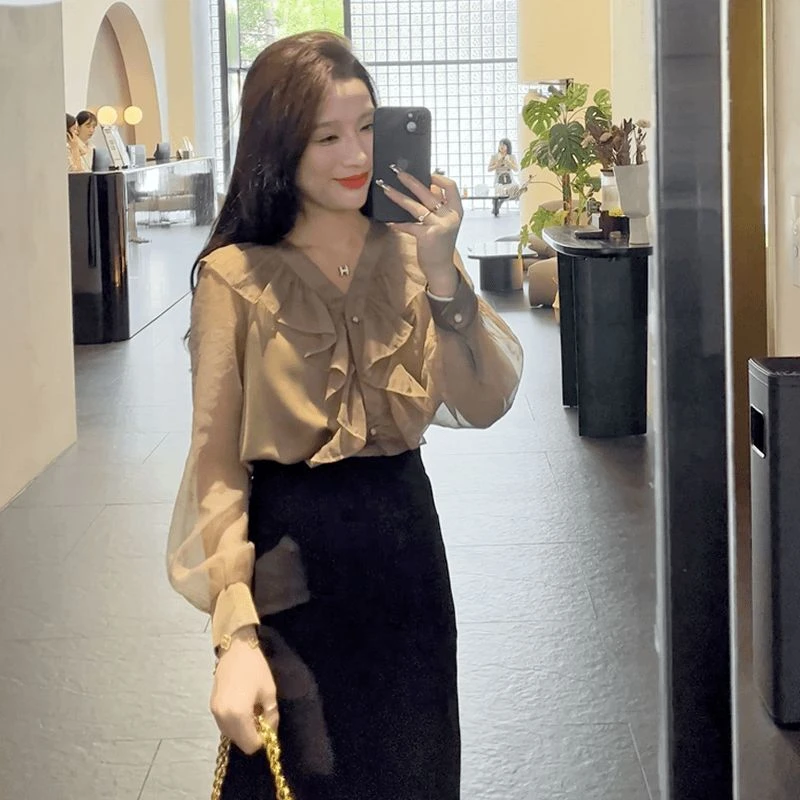 新款春季时尚扎染IN风宽松长袖显瘦两件套气质衬衣