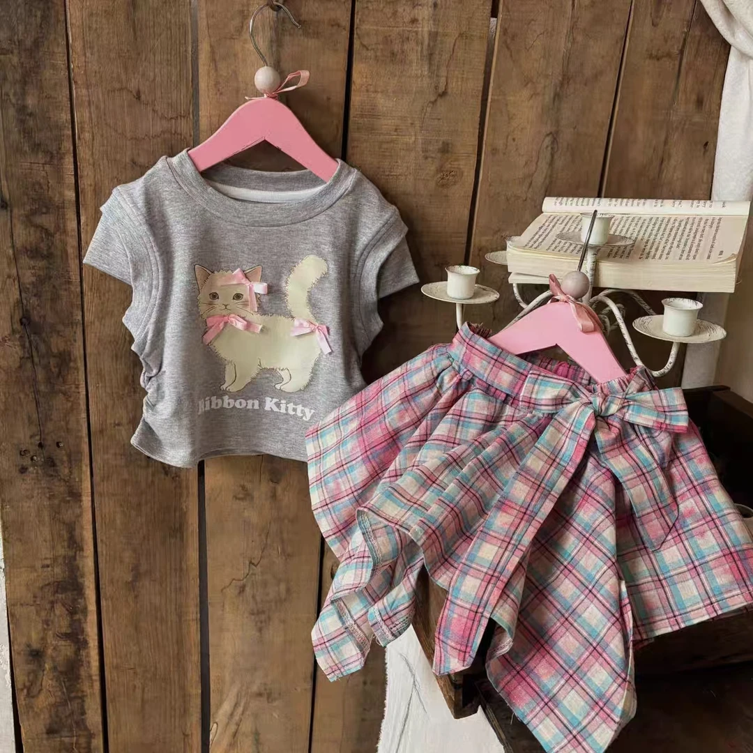 52320女童夏季套装2025新款夏装波斯猫不规则套装女童休闲套装