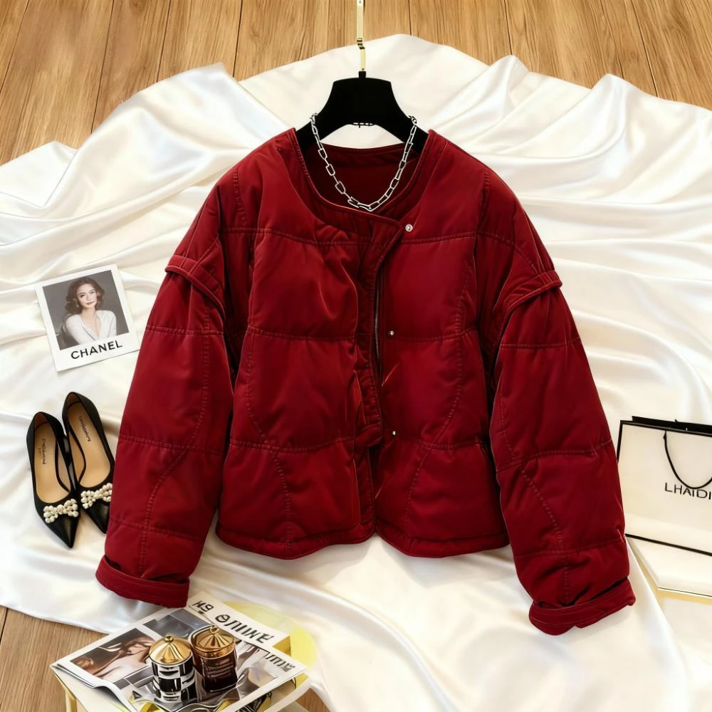 2025冬季新款韩版丝绒保暖红色棉服外套女时髦通勤小众面包服爆款