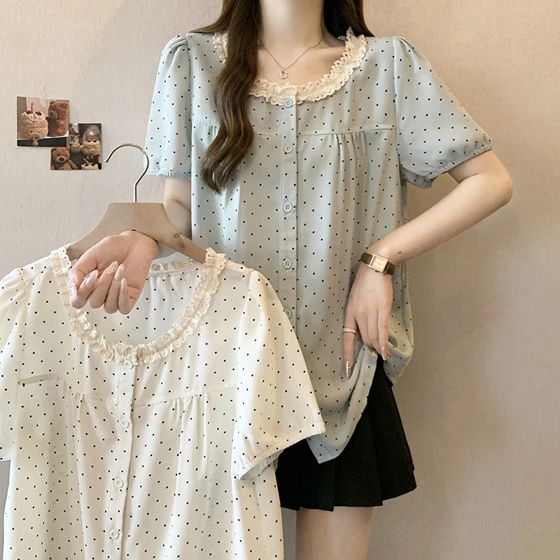 2025夏装新款胖mm大码女时尚甜美减龄波点蕾丝花边短袖小衫20139