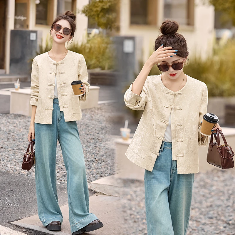 新中式国风盘扣提花外套女2025春秋新款复古气质时尚减龄短款上衣