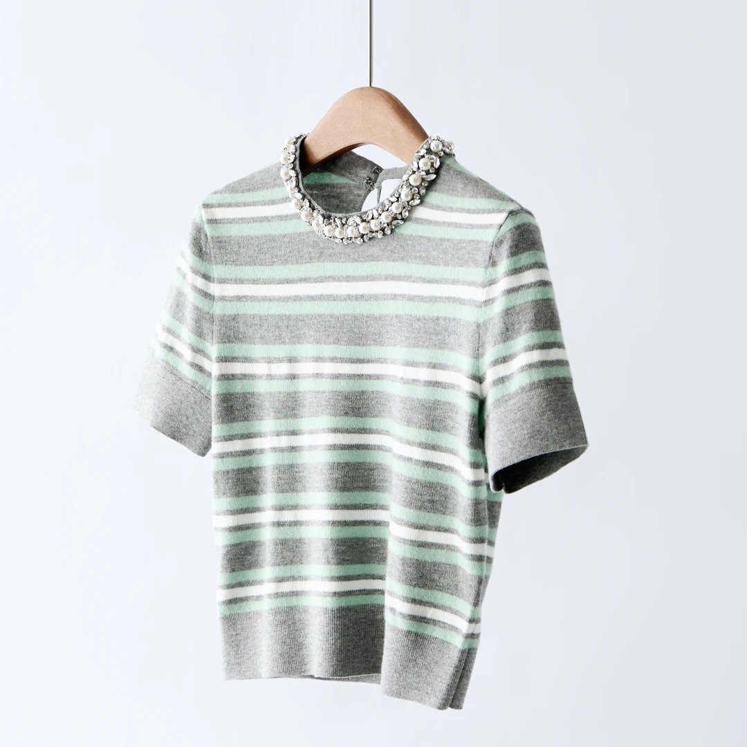 【YS11533】G上3.3k+ 25早秋新灰混色钻饰圆领羊毛条纹针织上衣