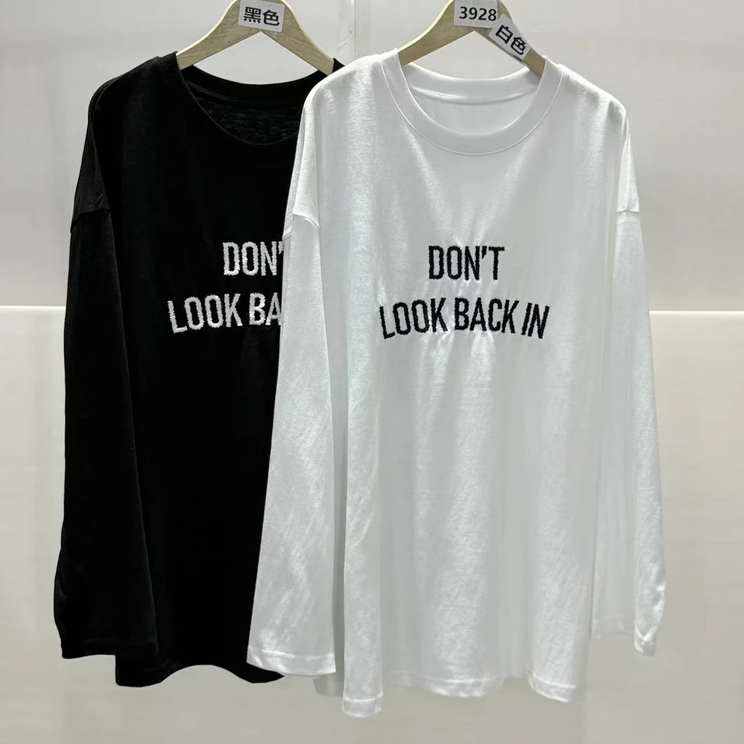 3928号3059#春新款圆领刺绣字母百搭长袖T