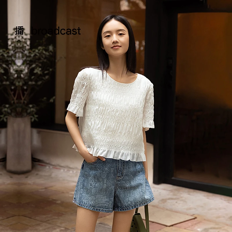 【达人专属】【25夏上新】播法式慵懒木耳边圆领花式衬衫DDS2HD5953