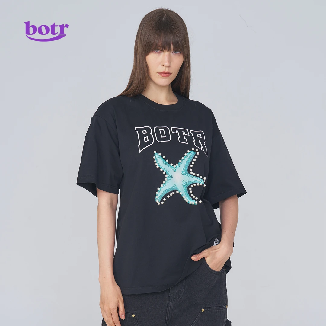 botr2025夏季珍珠重工LOGO图案印花宽松重磅短袖T恤