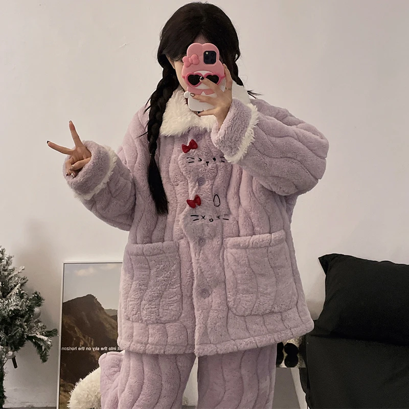 2025新款hellokitty珊瑚绒睡衣女冬季三层夹棉加绒加厚甜美家居服