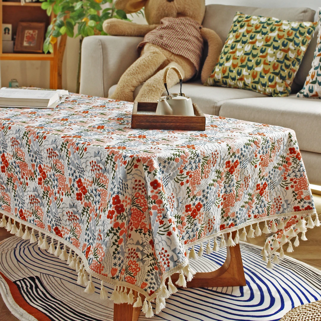 刺绣花棉麻餐桌布田园轻奢长方形茶几布新年红台布婚嫁床头柜盖布