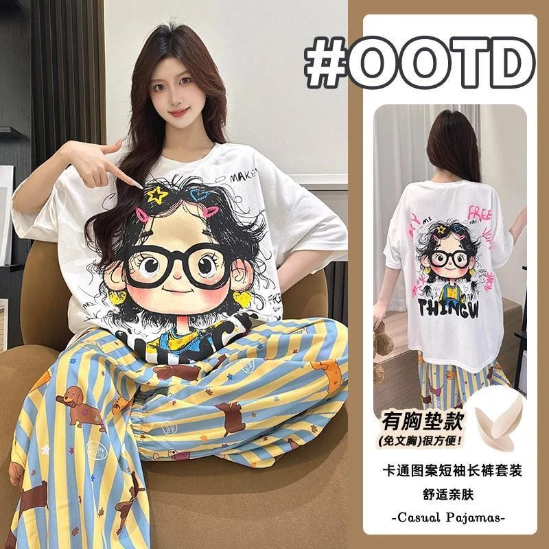 2025年带胸垫睡衣女短袖长裤夏季纯棉卡通卷发女孩家居服套装外穿