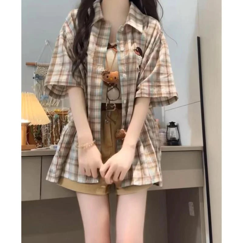 格子衬衫学院风学生时尚套装韩版套装夏季法式休闲风短袖显瘦3966