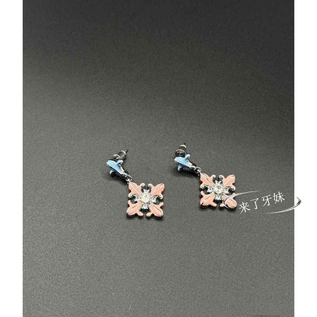 合金耳饰  YM蓝粉十字耳钉ED203复古时尚轻奢精致百搭时尚