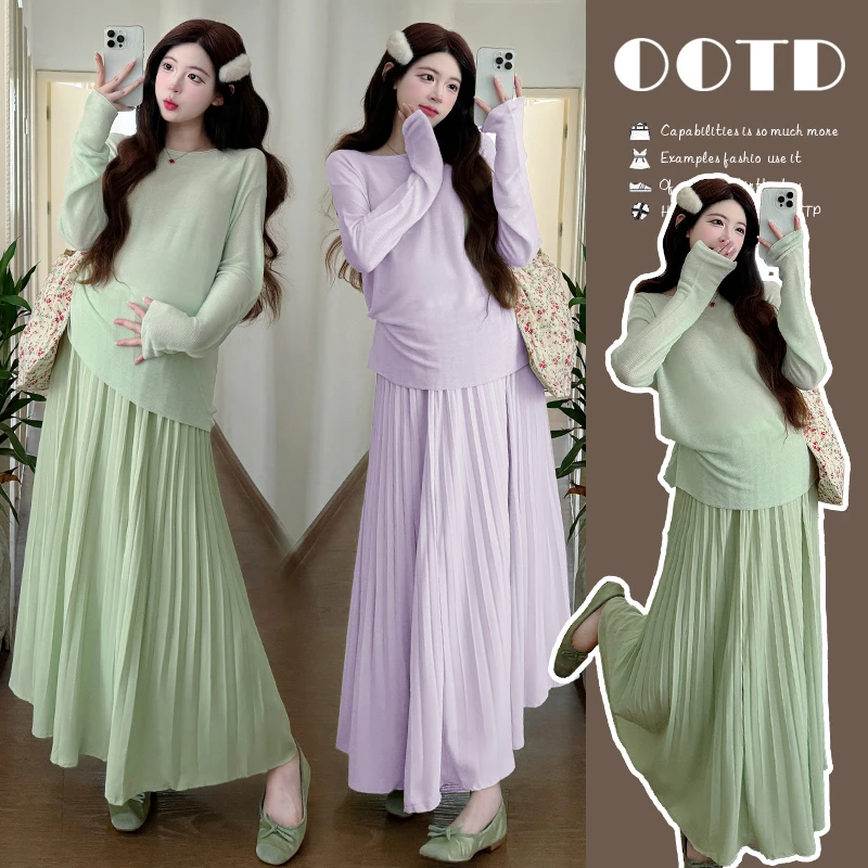 实拍~新款宽松慵懒风遮肉松弛感显瘦毛衣+肌理感半身裙套装