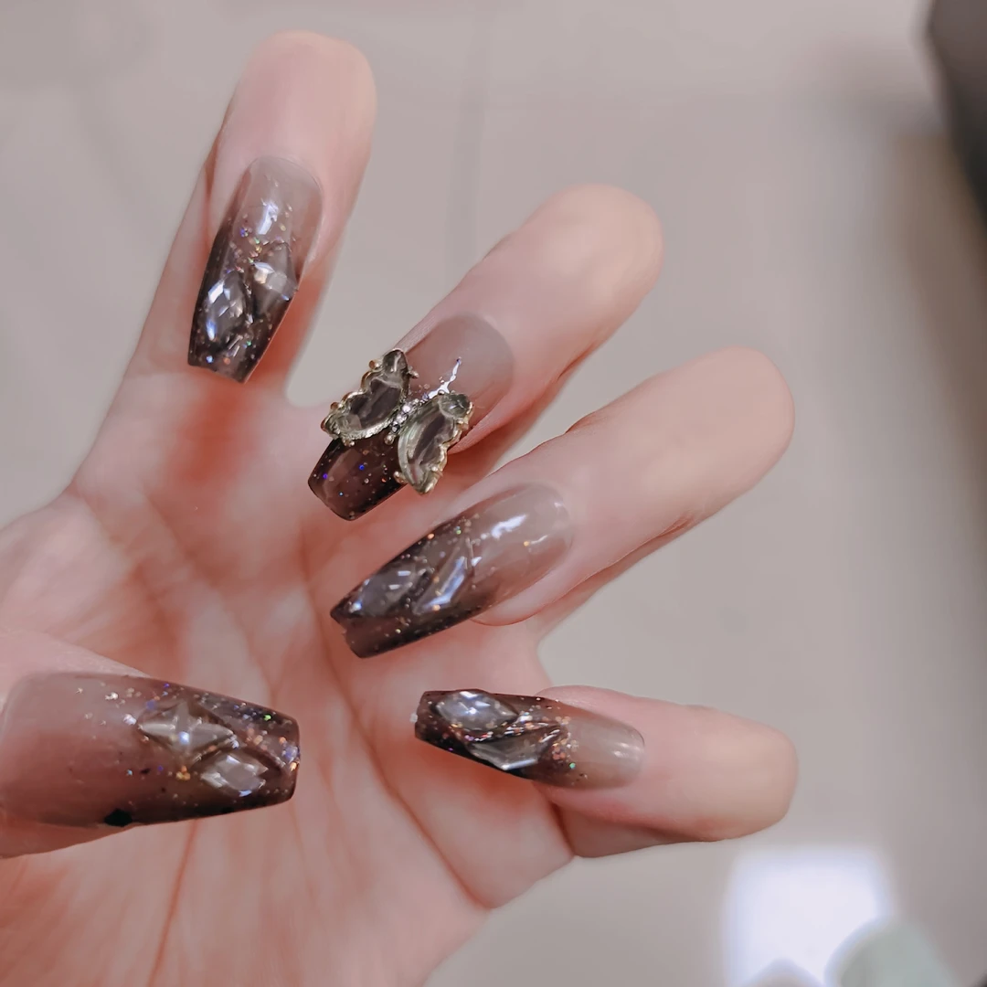 穿戴甲10片S019黑闪蝴蝶中梯气质显白手工暗黑重工炫酷假指甲片