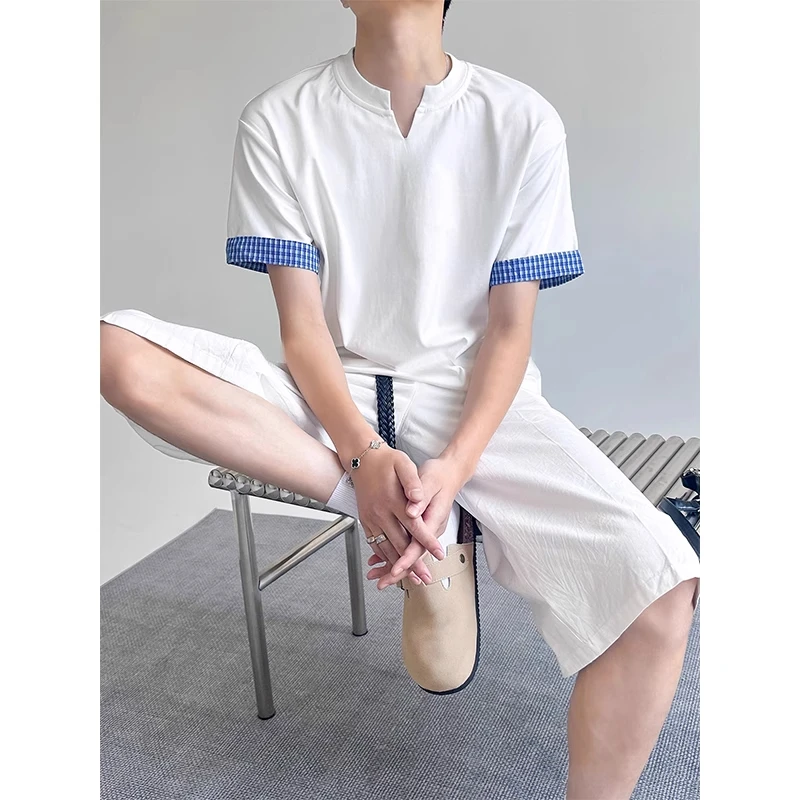 美式简约假两件格纹撞色短袖V领宽松休闲拼接T恤大码体恤高级感潮