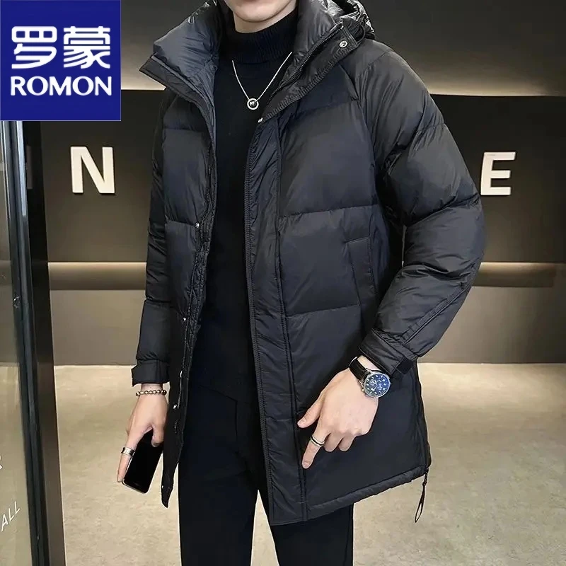 罗蒙冬季中长款羽绒服男士外套简约百搭连帽保暖休闲帅气鸭绒外套