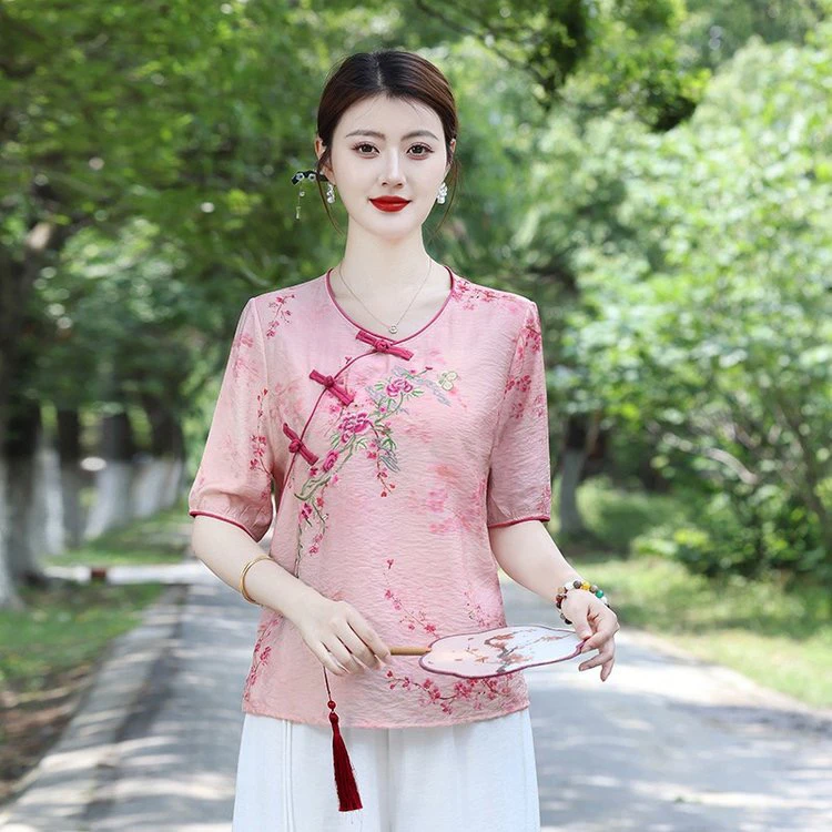 田园民族风新中式复古宽松印花圆领斜襟盘扣短袖夏百搭显瘦T恤女