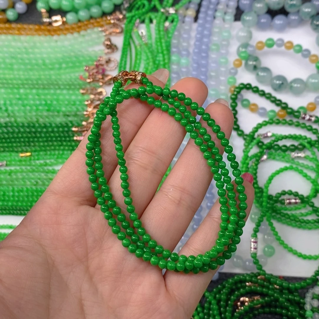 颈饰未镶嵌翡翠缅甸天然翡翠浓阳绿塔链3.3，3.7