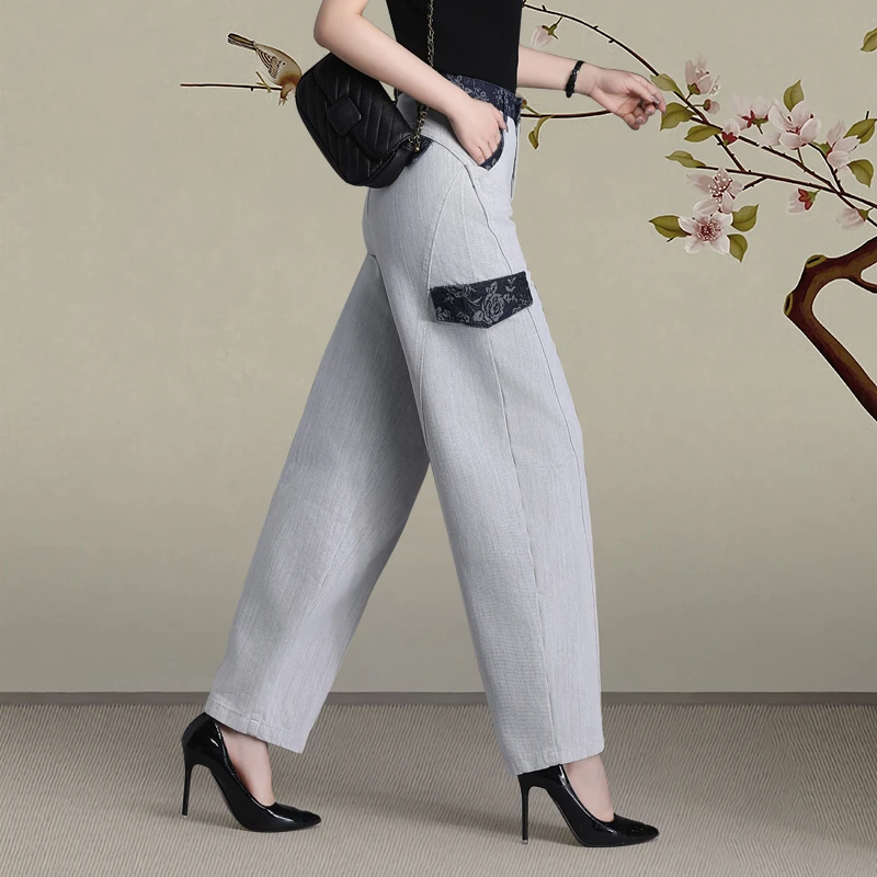 浅灰高腰阔腿牛仔裤女国风2025春秋新款大码拼接宽松显瘦直筒长裤