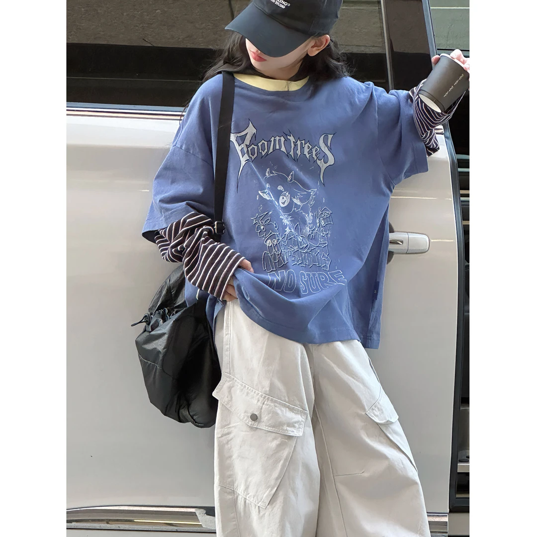 K29814孙小美撞色假两件女童长袖T2025秋装新款儿童连帽上衣打底