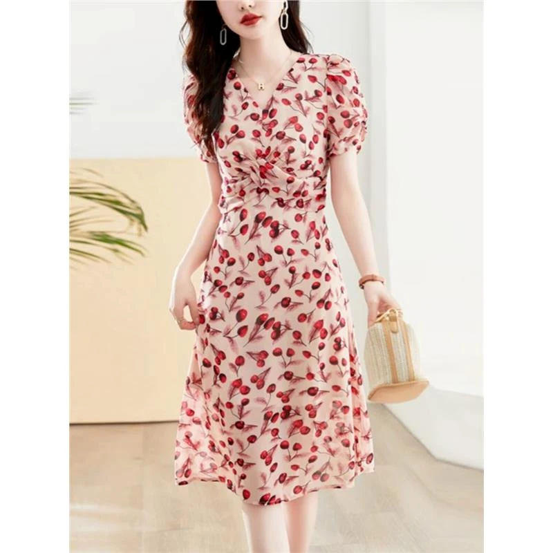 粉底碎花夏季连衣裙女修身气质法式V领短袖收腰显瘦洋气中长裙子