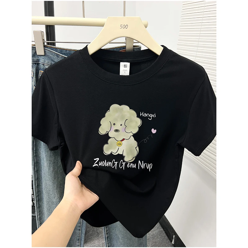 黑色圆领显瘦正肩短袖t恤女夏季韩版洋气小狗圆领印花小个子上衣