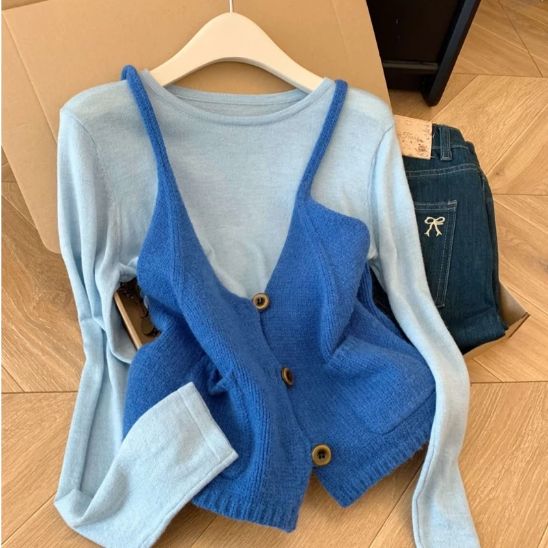 蓝色背心针织马甲秋季新款外搭叠穿坎肩韩系穿搭chic别致吊带上衣