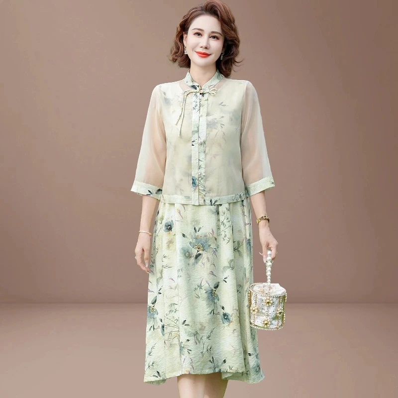 新中式妈妈夏装连衣裙2024新款中老年女夏季裙子两件套高级感气质