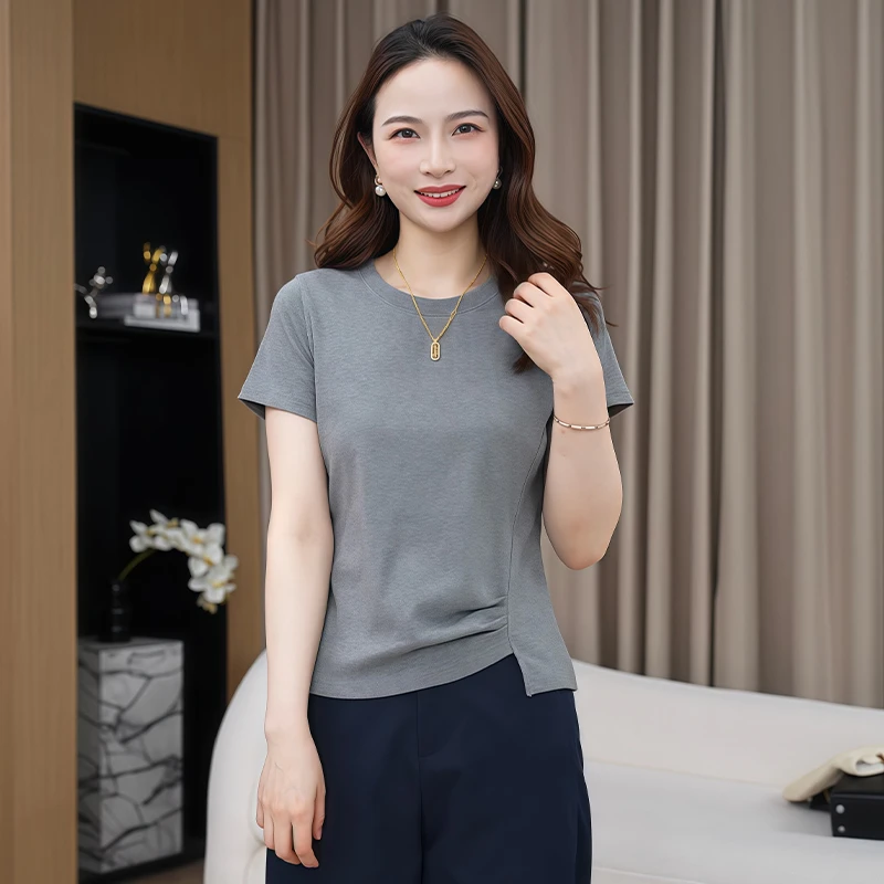 高含棉设计感时尚圆领拼接短袖t恤女2025年夏季新款洋气减龄上衣