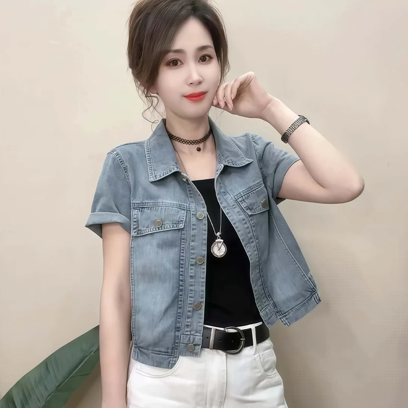 时尚复古短款牛仔外套女2025夏季新款爆款设计感韩版减龄翻领上衣