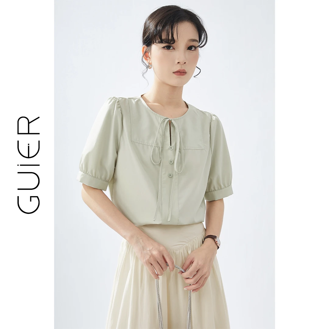 海盐汽水儿！短袖衬衫女夏季小众法式圆领上衣LJ0063