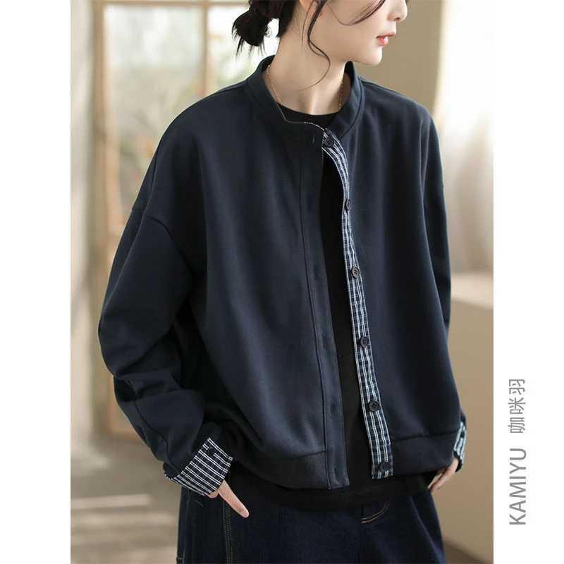 咖咪羽外套女纯色新款复古原创文艺简约宽松拼接圆领显瘦女装上衣