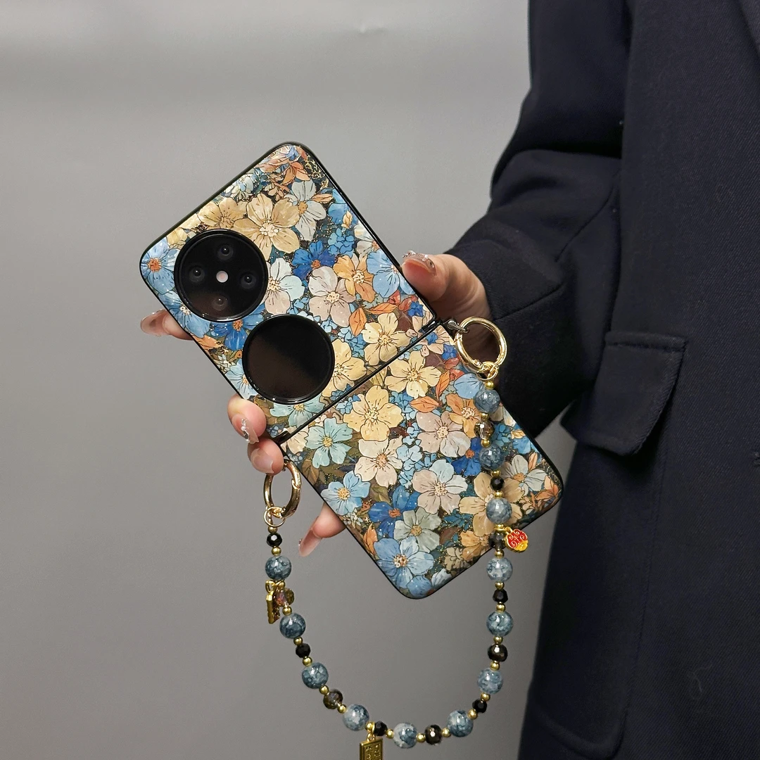 适用于华为pocket2手机壳PuraX折叠壳复古满屏烫金花朵皮质保护套