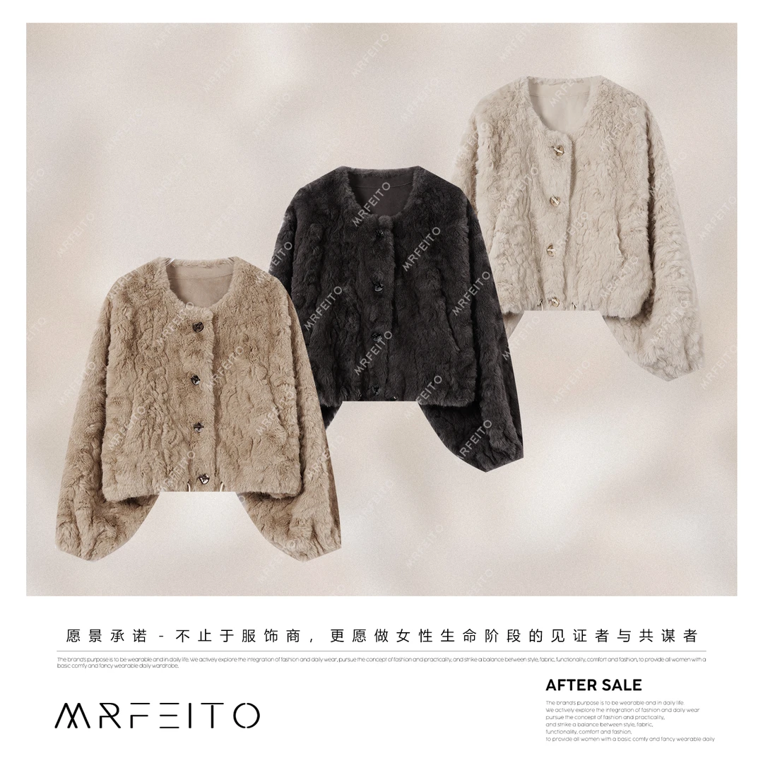 MRFEITO【瑞秋日记】双色花狐圆领单排扣短款外套H97W02D33635