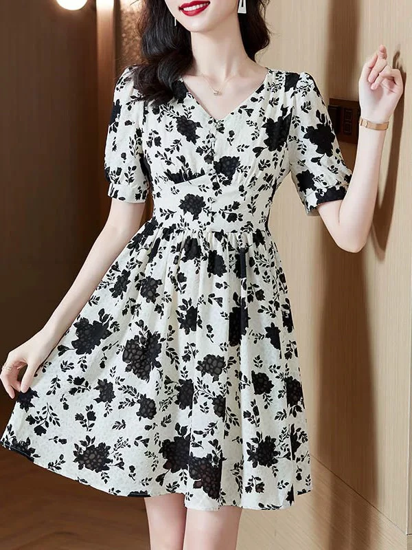 [H982黑花连衣裙]女士时尚气约潮拼接裙子春秋色牛ssss