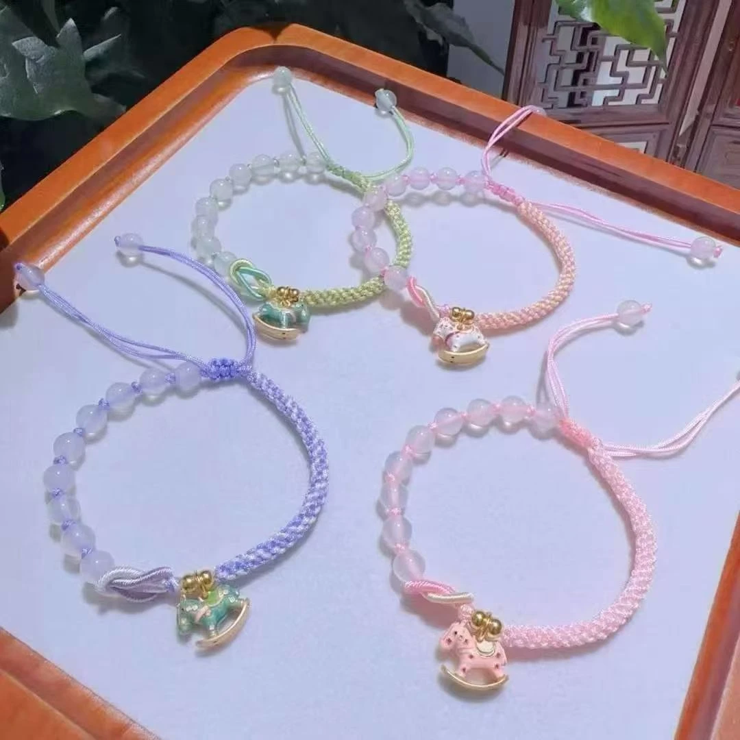 足银手链 足银999珐琅彩色瑶瑶小木马手链纯银可爱小马儿吊坠编织